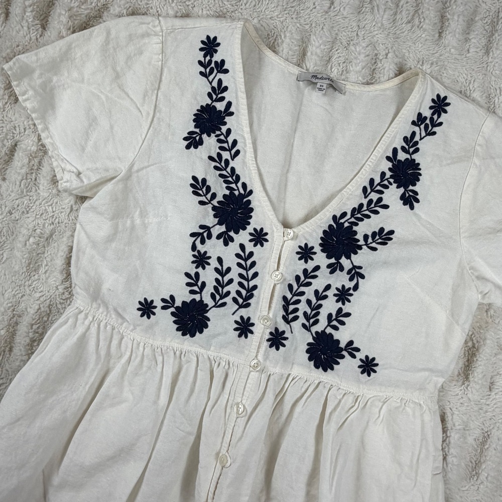 Madewell White Floral Embroidered Button Front Mini Dress XS Linen Blend Navy